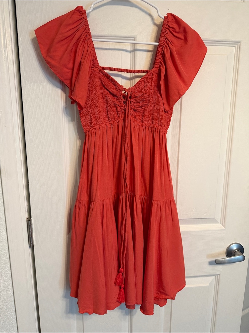 Red Smocked Tiered Mini Dress with Flutter Sleeves